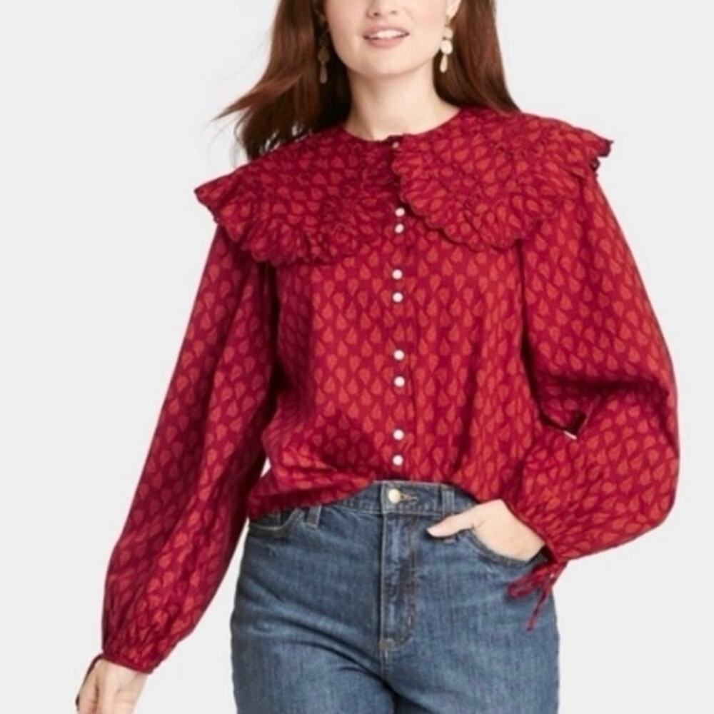 Universal Thread Sz XL Prairie Style Ruffle Collar Button Down Shirt Red Eyelet